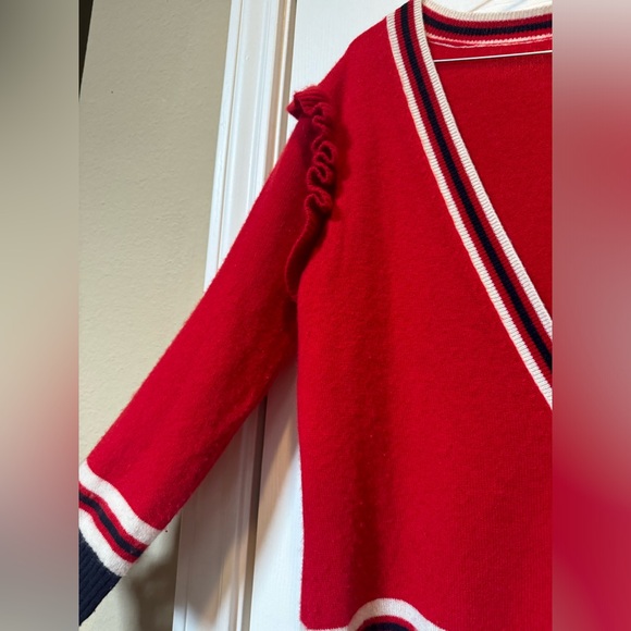 Madeleine Thompson Cashmere Ruffle Cardigan Sweater Navy/Red/White Preppy Small - Picture 3 of 6